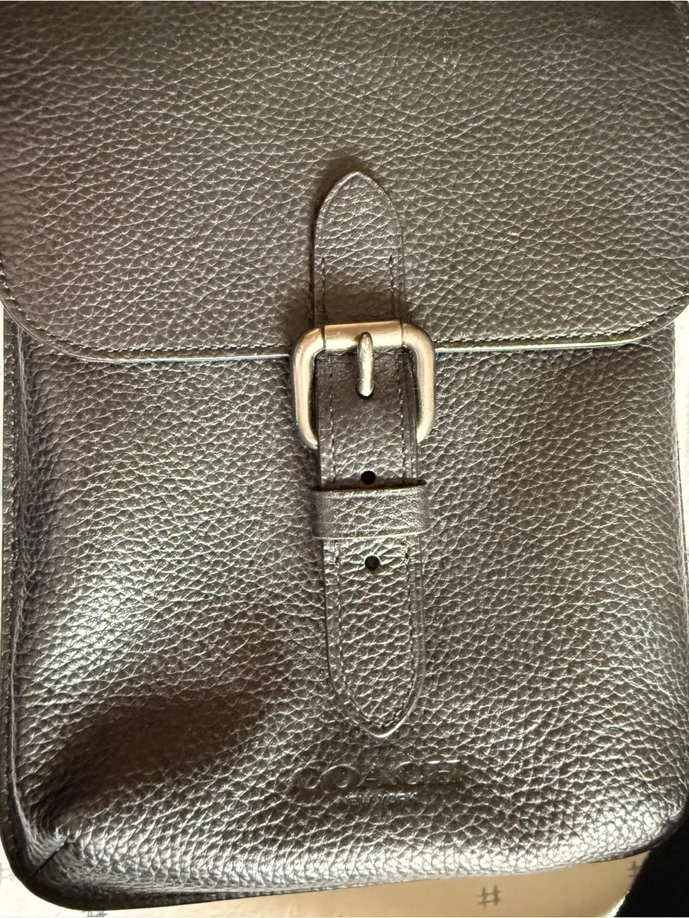 Coach Men's Black Pebbled Leather Messenger Bag with Buckle